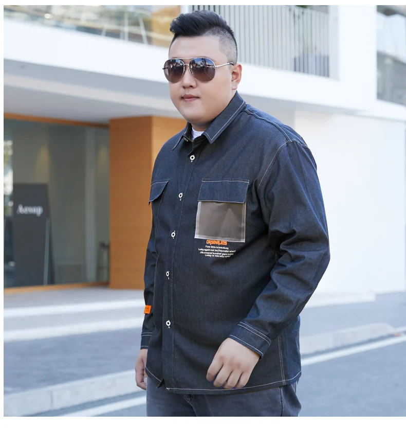 Japanese Retro Denim Long-Sleeved Shirt Autumn Men's Loose Casual Shirt  Plus Size 9XL Streetwear Hip Hop Navy Blue Blouse