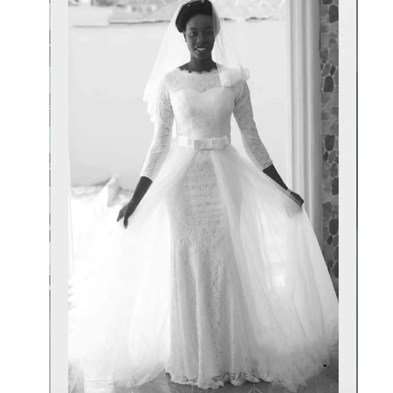 Afrika White Lace Mermaid Moslim Wedding Dresses 2019 3/4 mouwen Afneembare Trein Bruidsjurken Bruid Jurk robe de mariee Afrika White Lace Mermaid Moslim Wedding Dresses 2019 3/4 mouwen Afneembare Trein Bruidsjurken Bruid Jurk robe de mariee