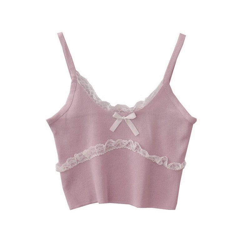Vintage V Neck Women Tube Crop Top White Lace Knitted Corset Tops Female Summer 2021 Cute Tanks Camis Girls Pink Black Clothes | Женская