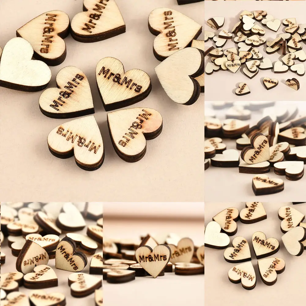 Rustic Wooden Love Heart five-pointed Strar Mr. Mrs. Just Married Wedding Table Scatter Decoration 100pcs ornament crafts miniature ornament