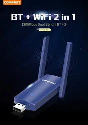 Comfast – adaptateur WiFi USB sans fil 1300Mbps 5GHz, avec 2 antennes 3dbi, carte réseau BT4.2 pour PC/ordinateur portable/bureau, Combo Wifi + Bluetooth 