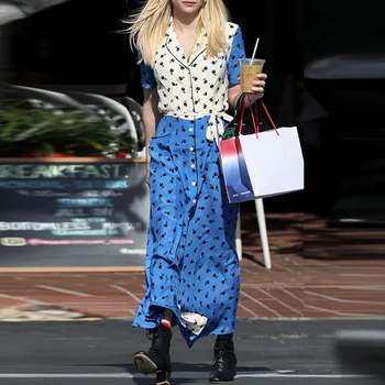 

AELESEEN Runway Fashion Women Dress 2020 High Quality Summer T-Shirt Dress Floral Print Belt White Blue Party Holiday Dress
