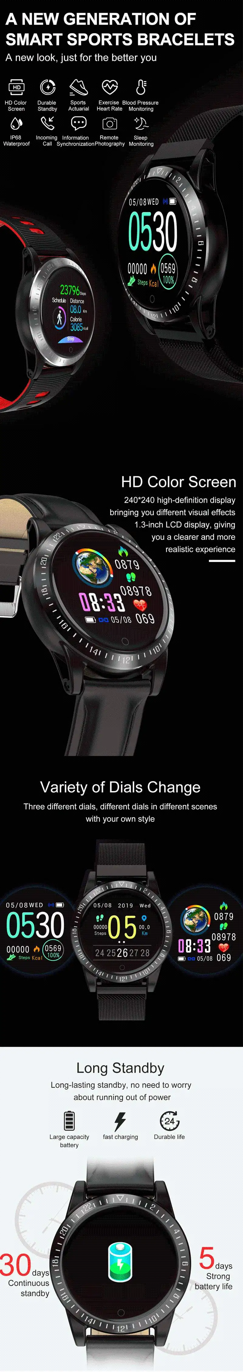 Смарт-часы с сенсорным экраном IP68 Водонепроницаемые мужские и женские Смарт-часы Секундомер Монитор сердечного ритма спортивный браслет для фитнеса