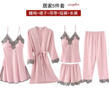 

Women's 5 Pieces Pajamas Sets Faux Silk Nightwear Spring Summer Autumn Sexy Nightdress Long Sleeves Sleepwear Suit