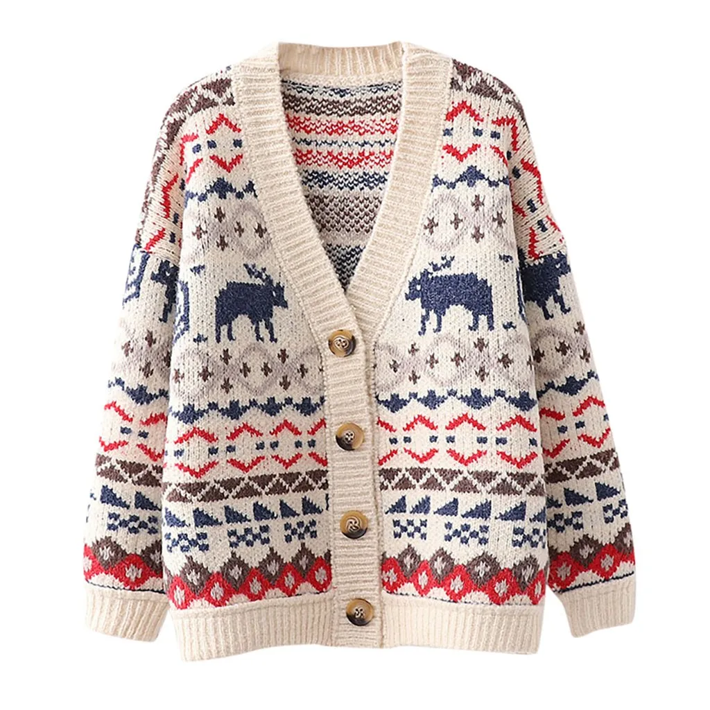 KLV Women's Sweater Fashion Christmas Print Cardigan Pocket Long Sleeve Sweater Jacket 9.27