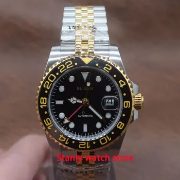 

Casual Bliger 40mm black dial ceramic bezel gold plated case sapphire GMT function automatic movement men's wrist watch