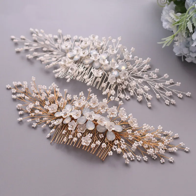 Floralbride New Handmade Crystal Rhinestones Pearls Flower Wedding Hair Comb Bridal Headdress Hair Accessories Women Jewelry