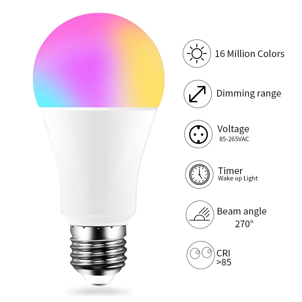 Bombilla inteligente LED RGB E27 con WiFi, 9W, funciona con Alexa/Google Home, CA de 220V, temporizador regulable en blanco