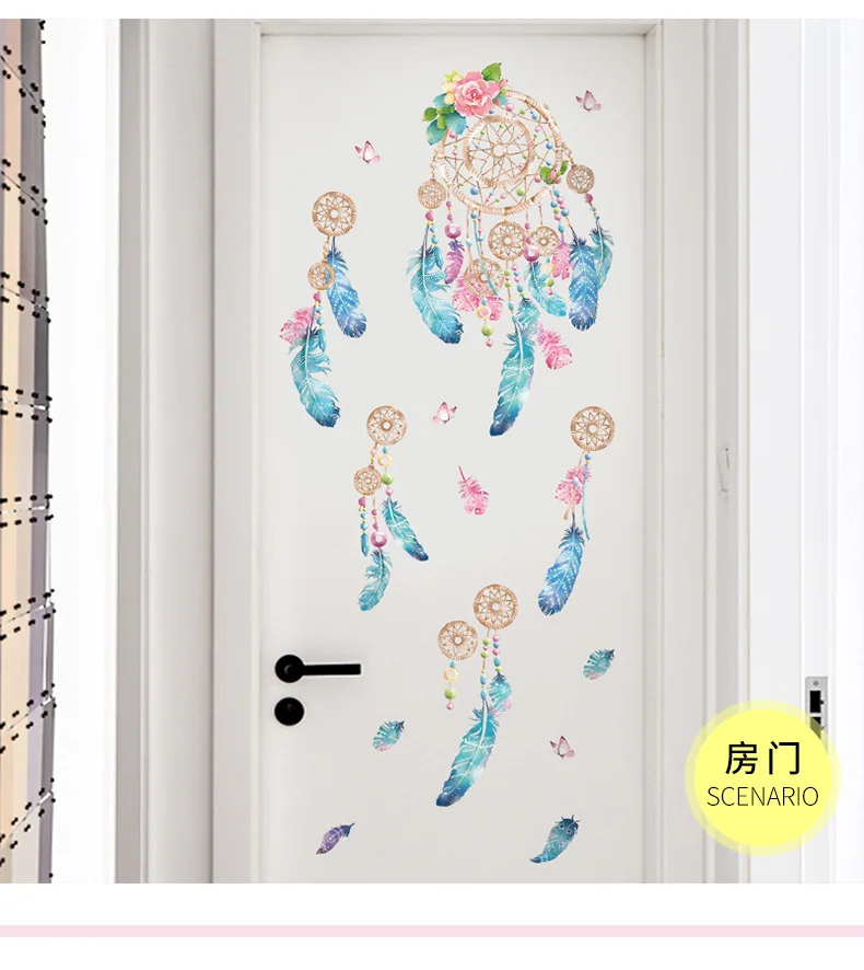Dreamcatcher Feather Adhesive Paper INS-Style Living Room Bedroom Bedside Background Wall Stickers Fairy Room Decorations