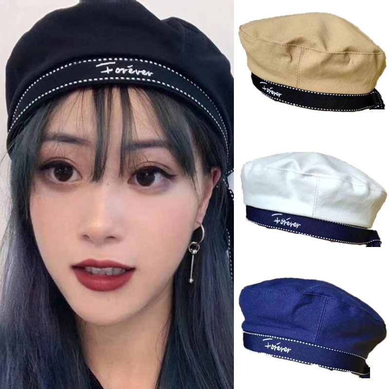 Осенне-зимняя винтажная регулируемая Женская лента для шляпы, берет с бантом, вышитая буквами, шапки, берет в стиле винтаж французская шляпа темно-синяя кепка