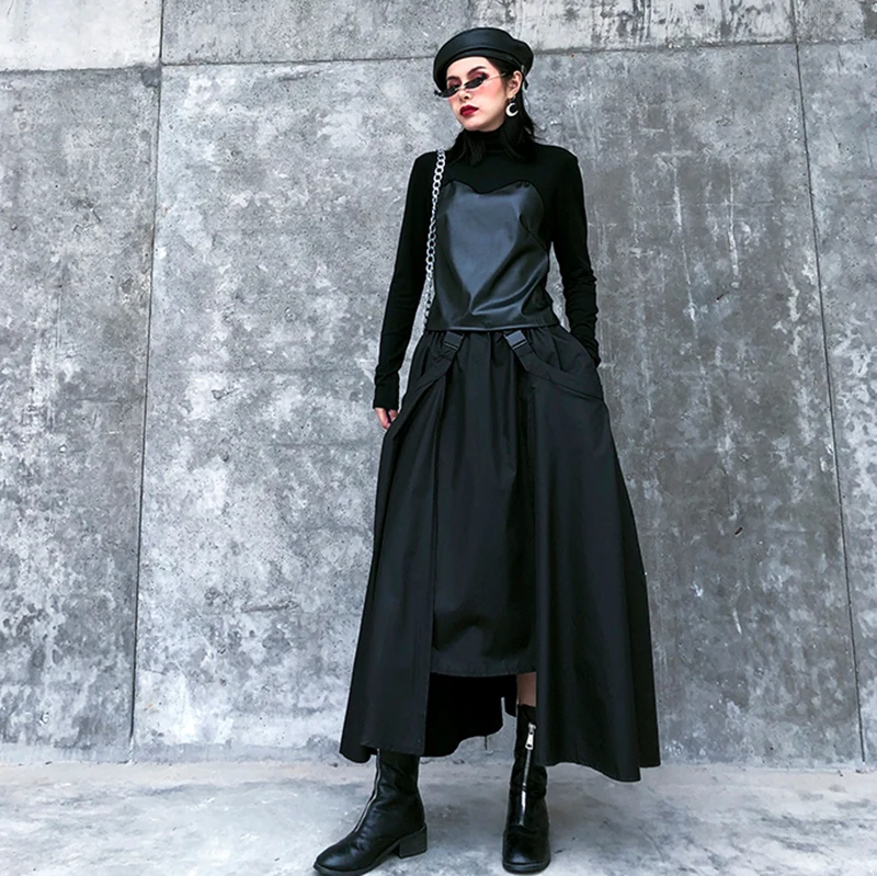 [EAM] High Elastic Waist Black  Buckle Split Joint IrregularHalf-body Skirt Women Fashion Tide New Spring Autumn 2020 1DA108