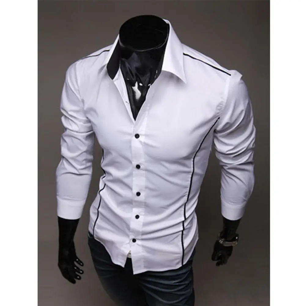 New Fashion Men Slim Fit Dress Shirt Button Down Casual Long Sleeve Regular Gentleman Top Shirts Black White Gray