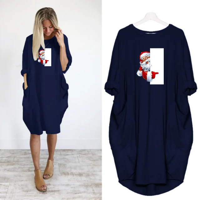 Navidad Women Dress Christmas Pocket Casual Loose Vintage Party Fall Clothes Santa Claus Kawaii Womens  Dresses D002M542 Blue