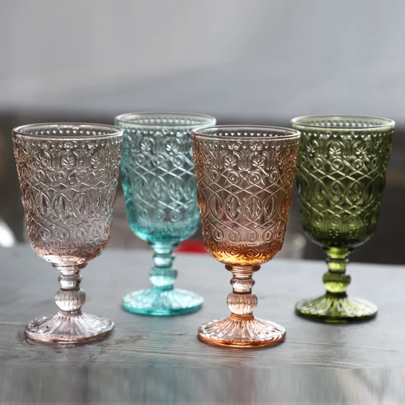 2Pcs Vintage Relief Wine Glass Cups Color Embossed Goblet Home Juice Water  Cup Wedding Party Champagne