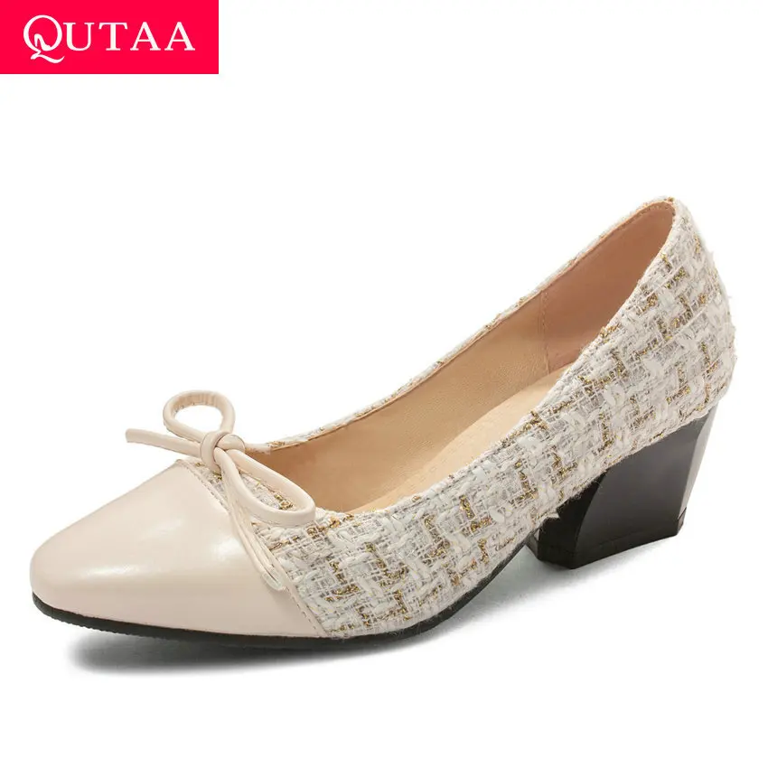 

QUTAA 2020 Patchwork Cloth PU Leather Fashion Ladies Pumps Butterfly-Knot Round Toe Square Heel Women Single Shoes Size 34-43