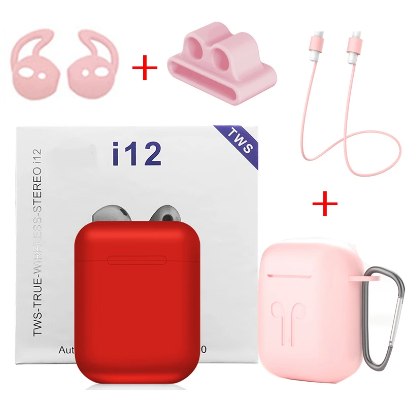 Red - Pink Cases I12 TWS беспроводные Bluetooth наушники спортивные Беспроводные наушники с аксессуары для наушников Роскошные Чехлы для i7s i10 i100 i200 TWS - Цвет: Red - Pink Cases
