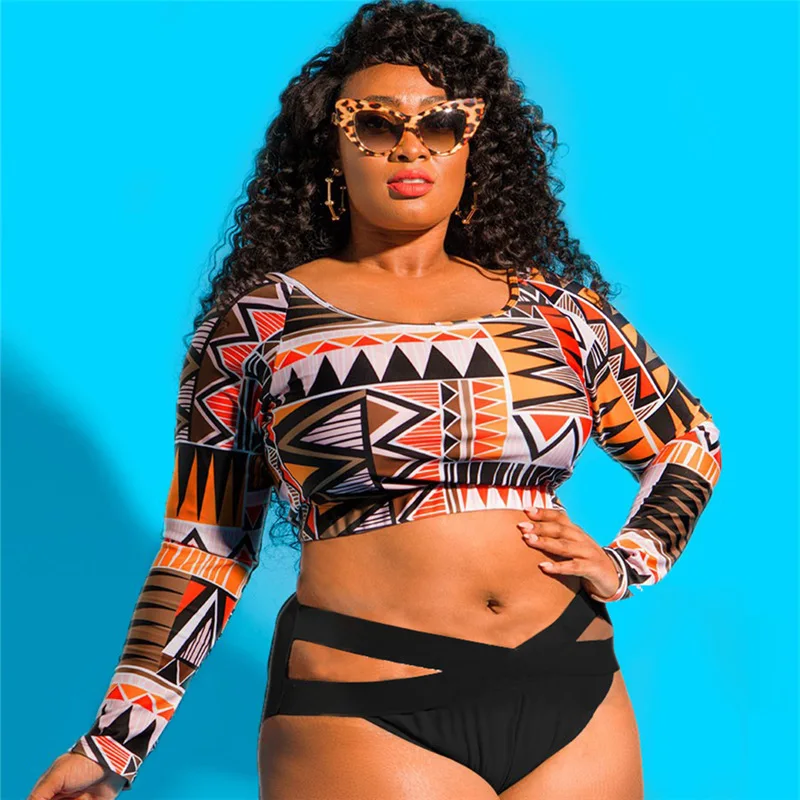

2019 European And American-Style Plus-sized Fat Long-Sleeve Bikini WOMEN'S Two-Piece Swimsuit Shuncheng Swimsuit 8016
