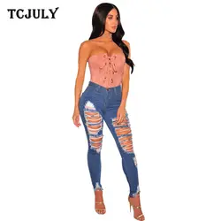 TCJULY новые уличные хлопковые рваные джинсы для женщин высококачественные узкие джинсовые брюки с дырками стрейч джинсы стираного синего