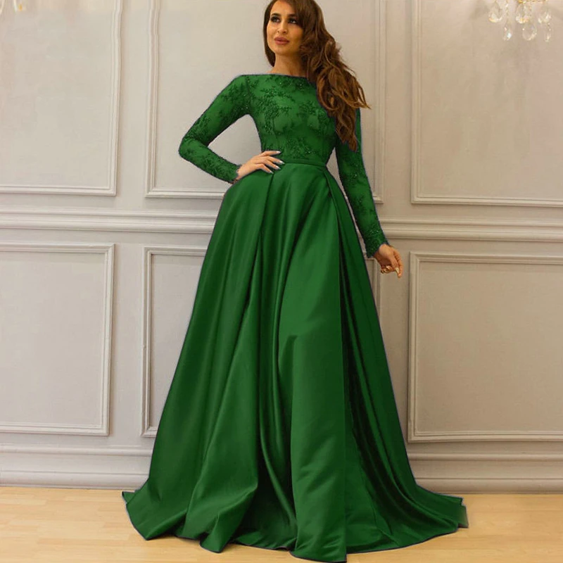 

Green/Burgundy/Red Muslim Satin Evening Dress Long Sleeves Appliques Prom Formal Gown Saudi Arabic Dubai Robe De Soiree
