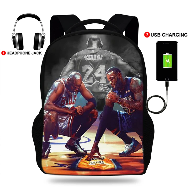 Vyučváné brašna basketbal super hvězdy tisk vyučváné batoh pro boys&girls teenager USB nabít pánská batoh děti notebook batoh