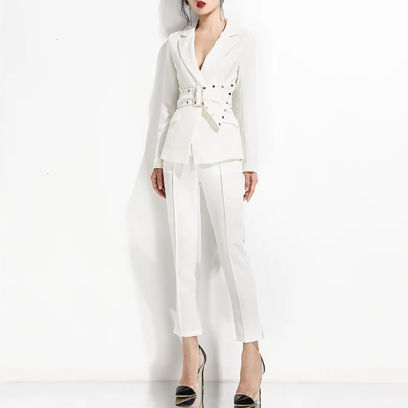 Max Spri, осенний модный офисный Женский комплект из двух предметов, костюмы с v-образным вырезом, длинным рукавом, поясом, заклепками, пряжкой, Блейзер, прямые брюки