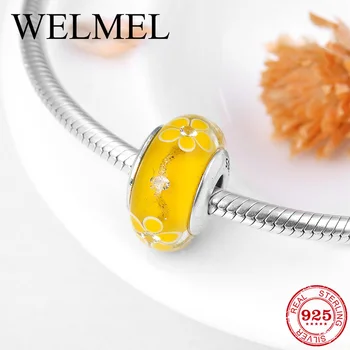 

100% Authentic 925 Sterling Silver yellow Flower Murano Glass Beads Fit Original Pandora Charms Bracelet Jewelry