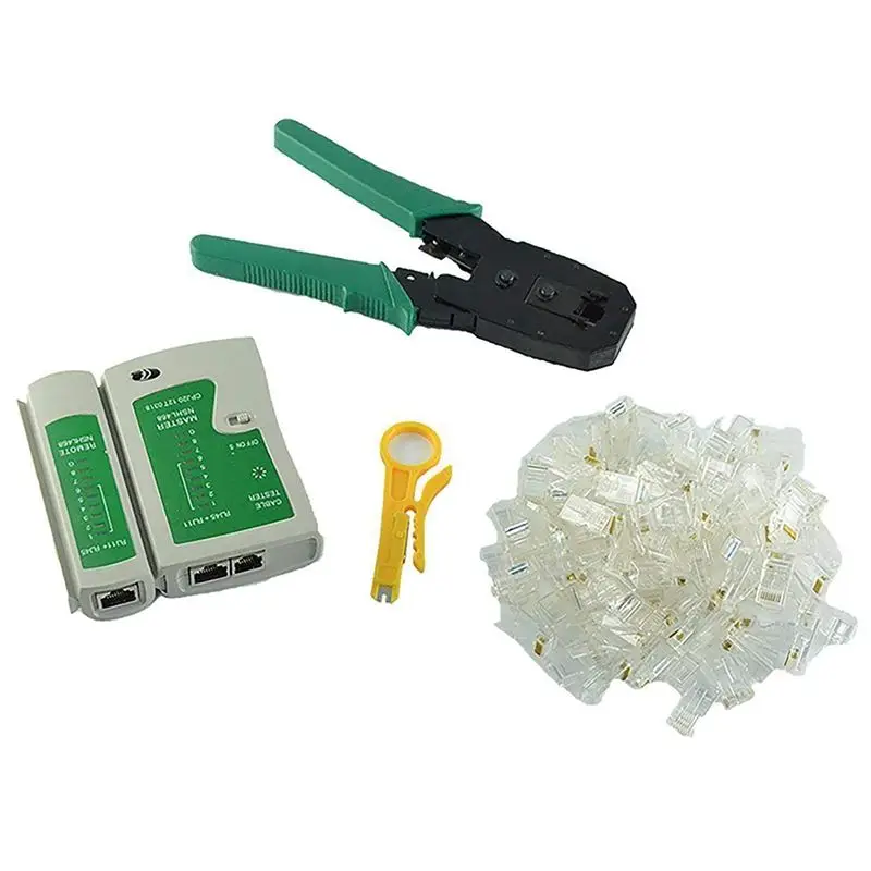 Network Ethernet LAN Kit 4 in 1 Cable Tester Crimping Plier Crimper Wire Stripper 100x Rj45 1