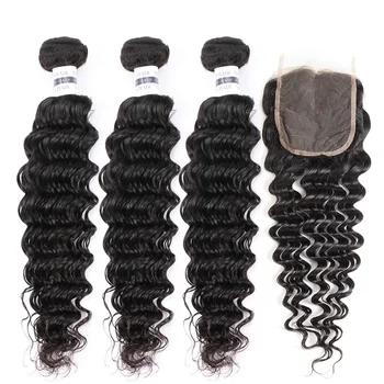 

Deep Wave Bundles With Closure 4x4 Brazilian Hair Weave Human Hair 3 Bundles With Lace Closure Remy Hair Extension Mellow Hair