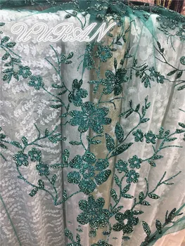 

Nigerian Lace Fabric Wedding African Lace Fabric Green glitter sequins beads mesh tulle lace fabric
