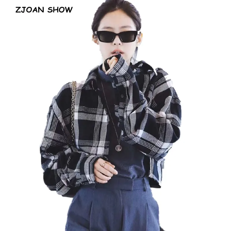 Cropped Blouse Tops Plaid Shirt Korea Clothing Extra-Short Lapel Long-Sleeve Gray Y2K