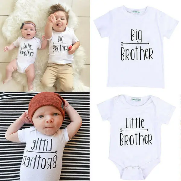 Casual Summer Baby Boy Matching Clothes Little/Big Brother Cotton Letter Bodysuit Jumpsuit Short Sleeve Tops T-shirt 0-7T | Мать и
