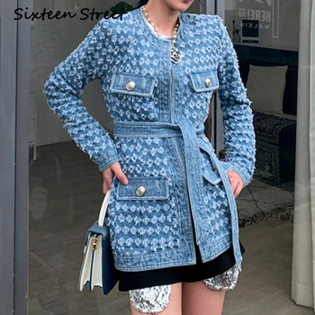 

2020 New Woman denim jacket hole blue solid round neck full sleeve streetwear denim coat with belt female runway fashion outfit