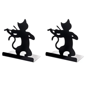 

1 Pair Free Standing Books Organizer Cat Bookend Iron Catalogs Cute Kawaii Non-skid Practical Home Office Decorative Black