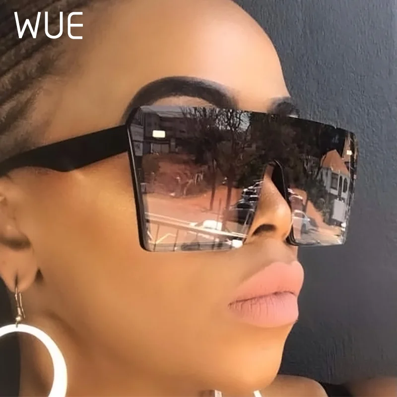 WUE Flat Top Oversize Square Sunglasses Women Fashion Retro Gradient Sun Glasses 2020 Men Blue Big Frame Vintage Eyewear UV400