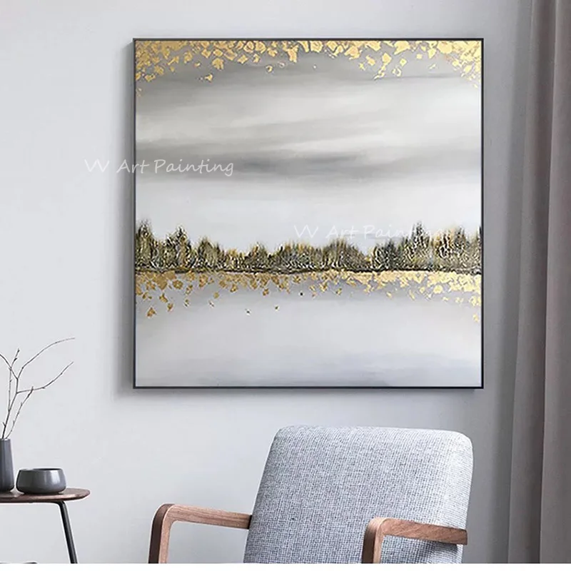 

Gold Foil Grey Landscape Canvas 100% Handmade Abstract Oil Painting Abstract Modern Canvas Wall Art Living Room Decoration Gift
