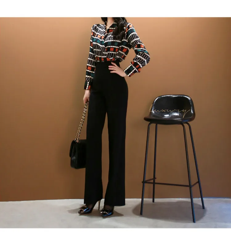 Офисная Дамская Женский комплект 2 шт. с v-образным вырезом и длинными рукавами топ+ черные длинные штаны с высокой талией Элегантные наряды