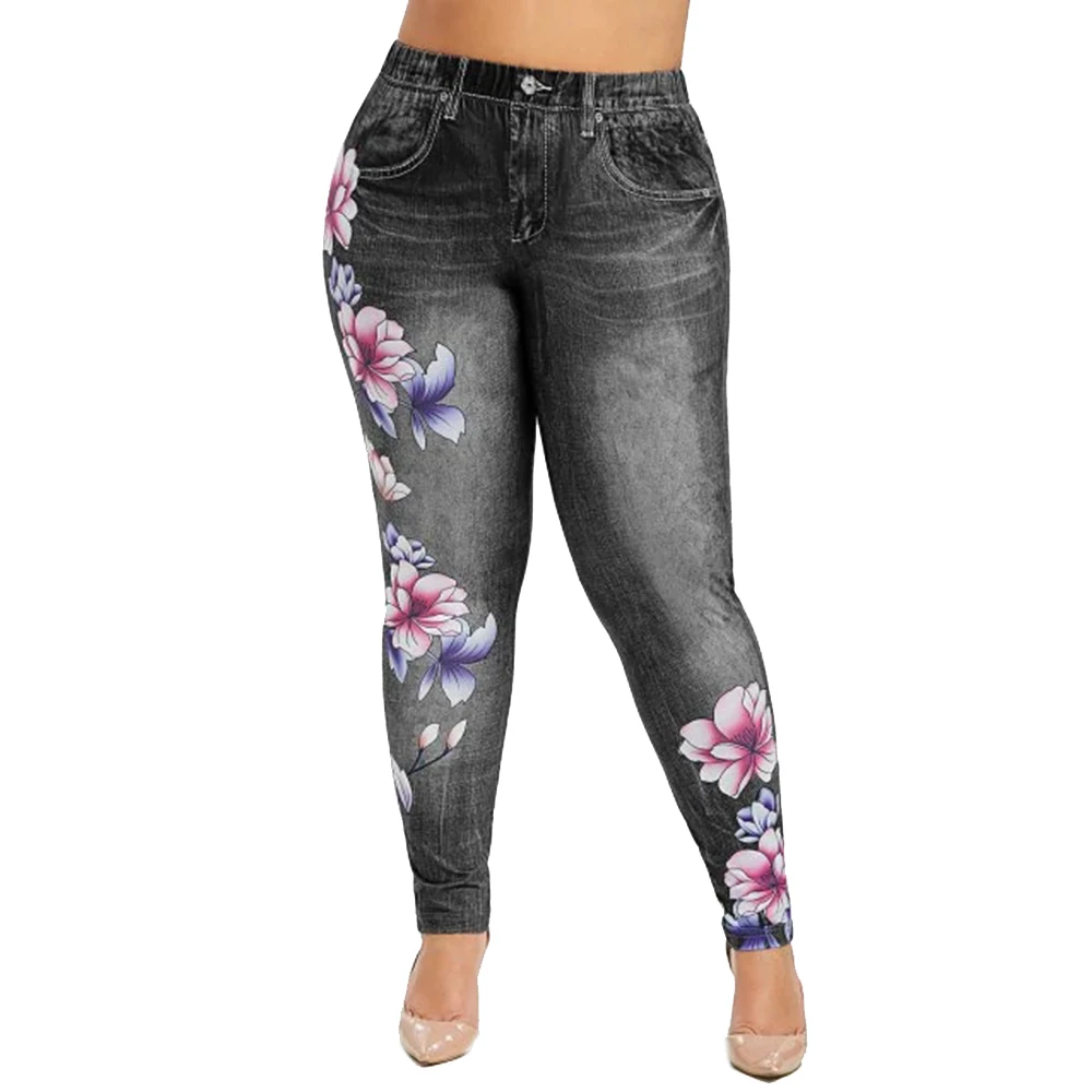 Imitation Denim Pants Women Large Size Flower Print Skinny Jeans for Woman Fashion Lady Mid Waist Jean Pencil Trousers D30