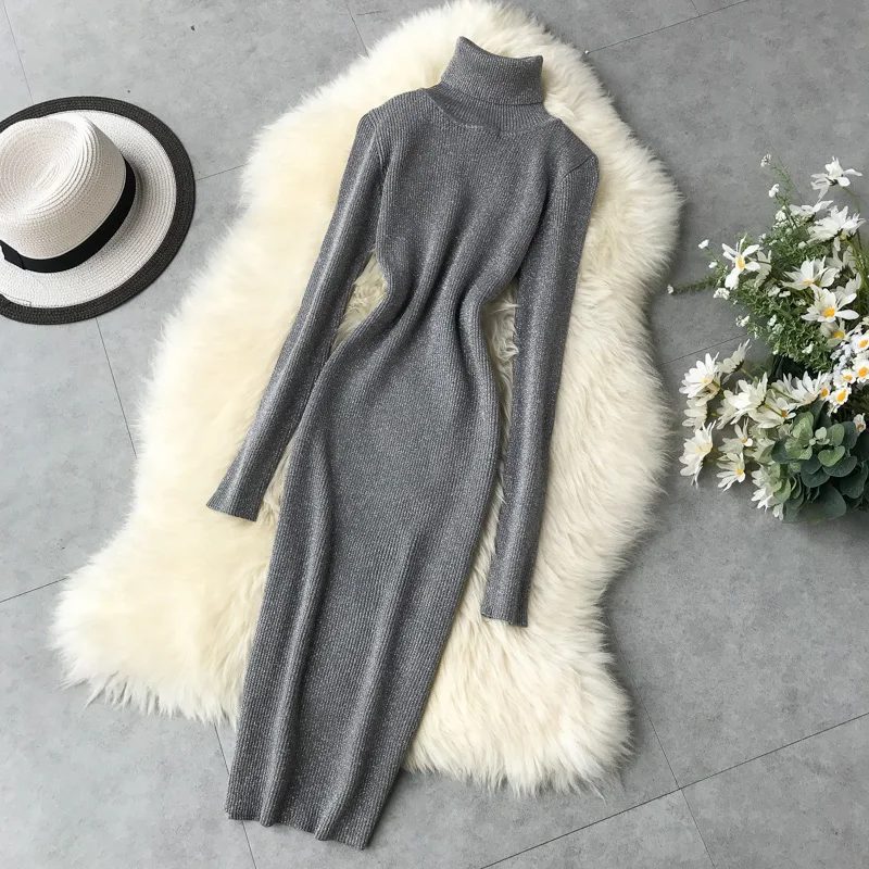 Autumn Winter Dress Women Warm Turtleneck Glitter Knitted Sweater Dress Casual Bodycon Midi Dress Long Sleeve Ladies Dresses