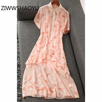 

ZIWWSHAOYU Women Summer Bohemian Vacation Long Dress Runway Designer Ladies Elegant Ruffles Apple Print Chic Shirt Dresses