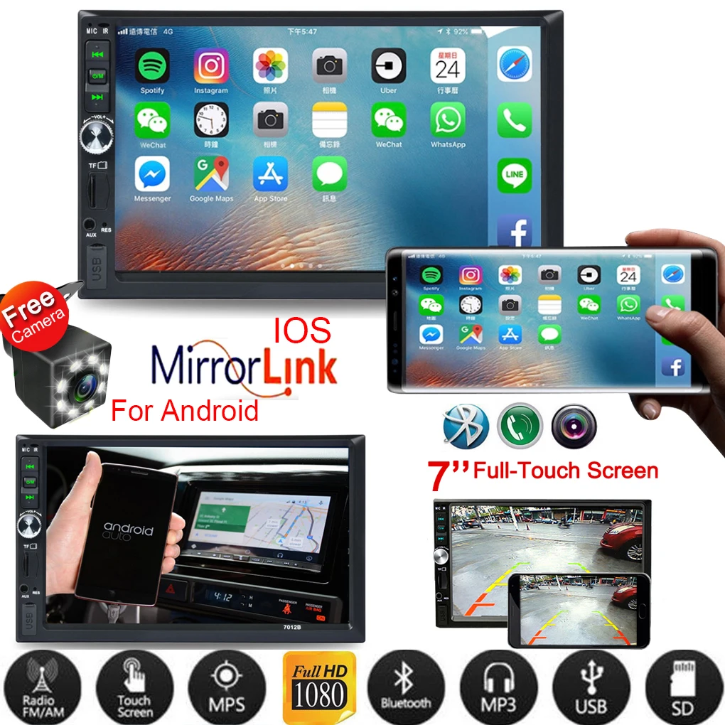 

7 Inch Touch Screen 2 Din Car Audio Stereo Bluetooth MP5 Player Support Rear View Camera AUX FM USB