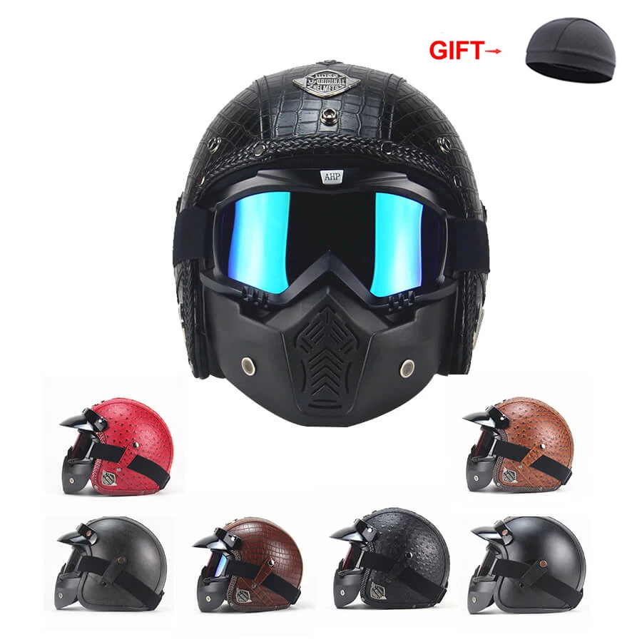 

Pu Leather Helmets 3/4 Motorcycle Chopper Bike Helmet Open Face Vintage Motorcycle Helmet With Goggle Mask