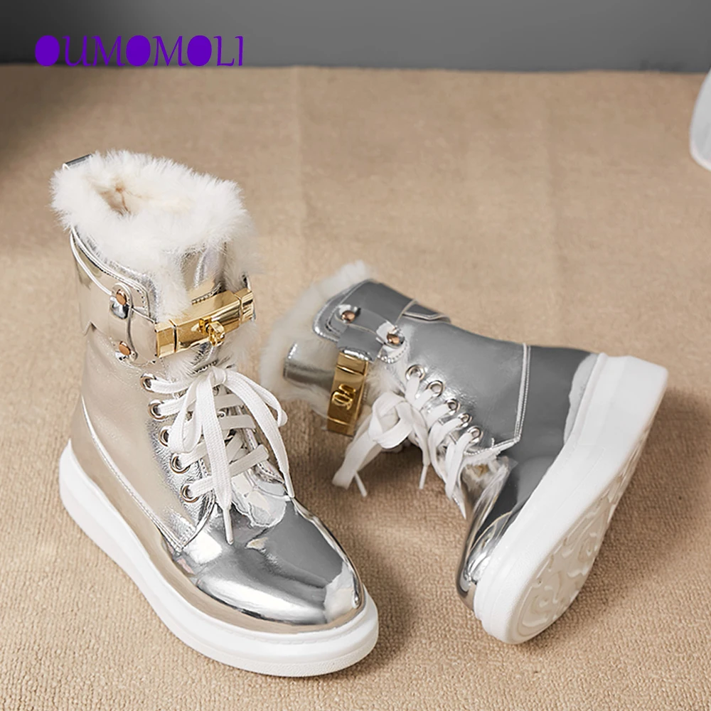 

Womens Thick Long Plush Warm Snow Boots Silver Patent Leather Mid Calf Boots Women Waterproof Platform Winter Shoes Woman X950