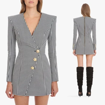 

2020 Houndstooth Mini Dress Long Sleeves V-Neck Boho Dresses Elegant Vintage Casual Sweater Dress