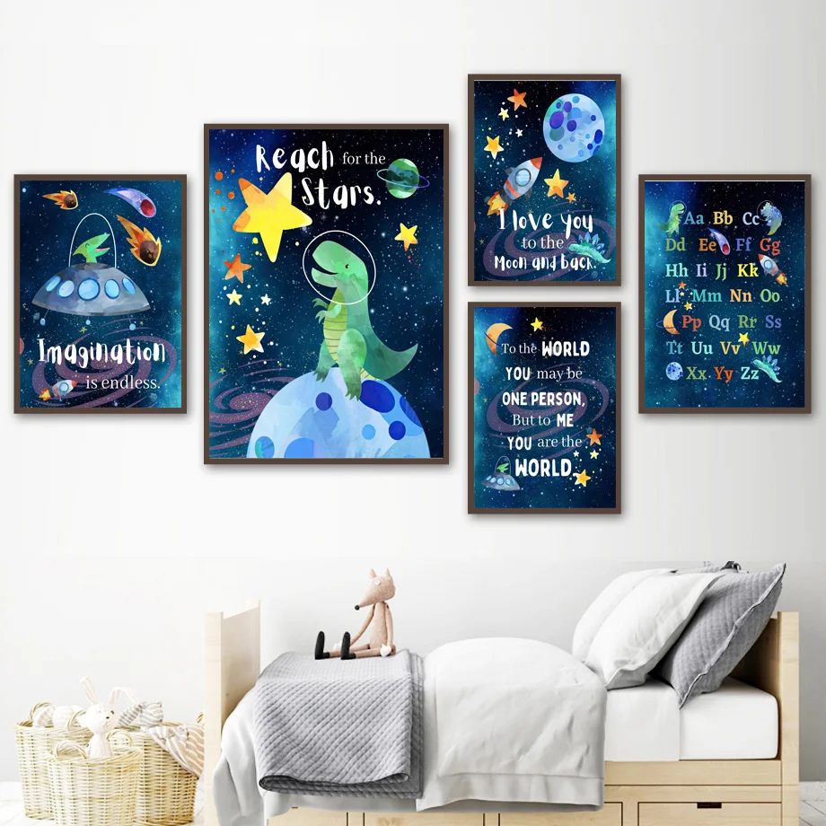 Space Dinosaur UFO Education Number Alphabet Nursery Wall Art Print Canvas Painting Nordic Poster Decor Pictures Baby Kids Room