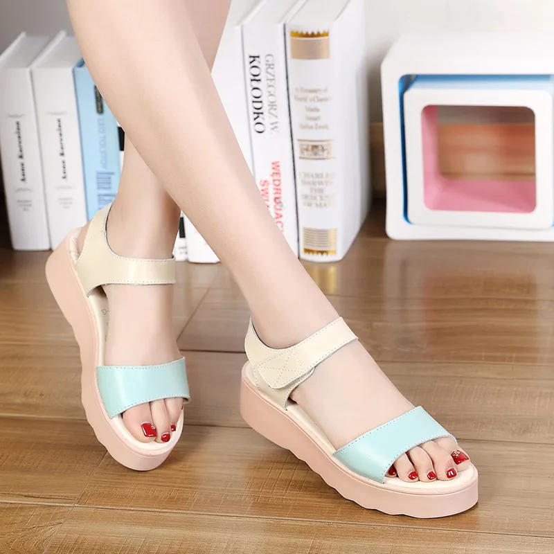 

2018 Spring Genuine Leather Sandals Full-grain Leather WOMEN'S Wedge Heels Comfortable Platform Heel Waterproof Platform WOMEN'S
