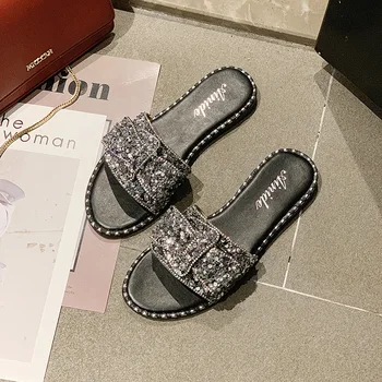 

New Bright Diamonds Women's Comfortable Sandals Outdoor Fashion Rhinestones Buckle Lazy Slippers