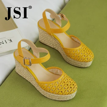 

JSI Summer Hotsale Wedge Style Hollow Out Shallow Yellow Genuine Leather Sandals Woman Sunshine Wedge Style Sandals JO576