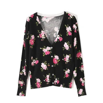 

Spring Autumn Rose Print Sweater Women Tops Thin Long Sleeve Knitted Floral Cardigan Jackets Long Sleeve Sueter Mujer TA6097