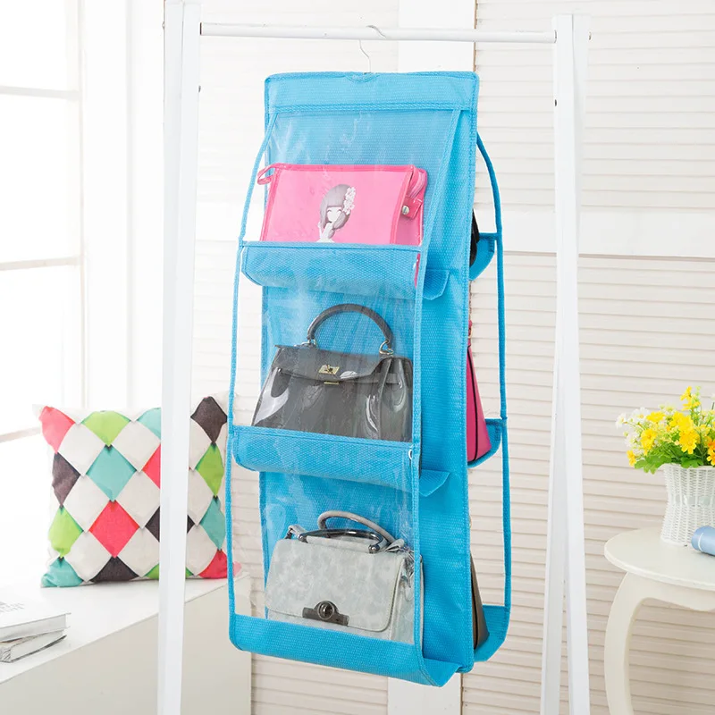 6 PocketHandbag Органайзер, прозрачный шкаф для одежды, для обуви, прозрачная дверная сумка, Настенная сумка, мешочек для мелочей, с вешалкой для хранения - Цвет: Синий
