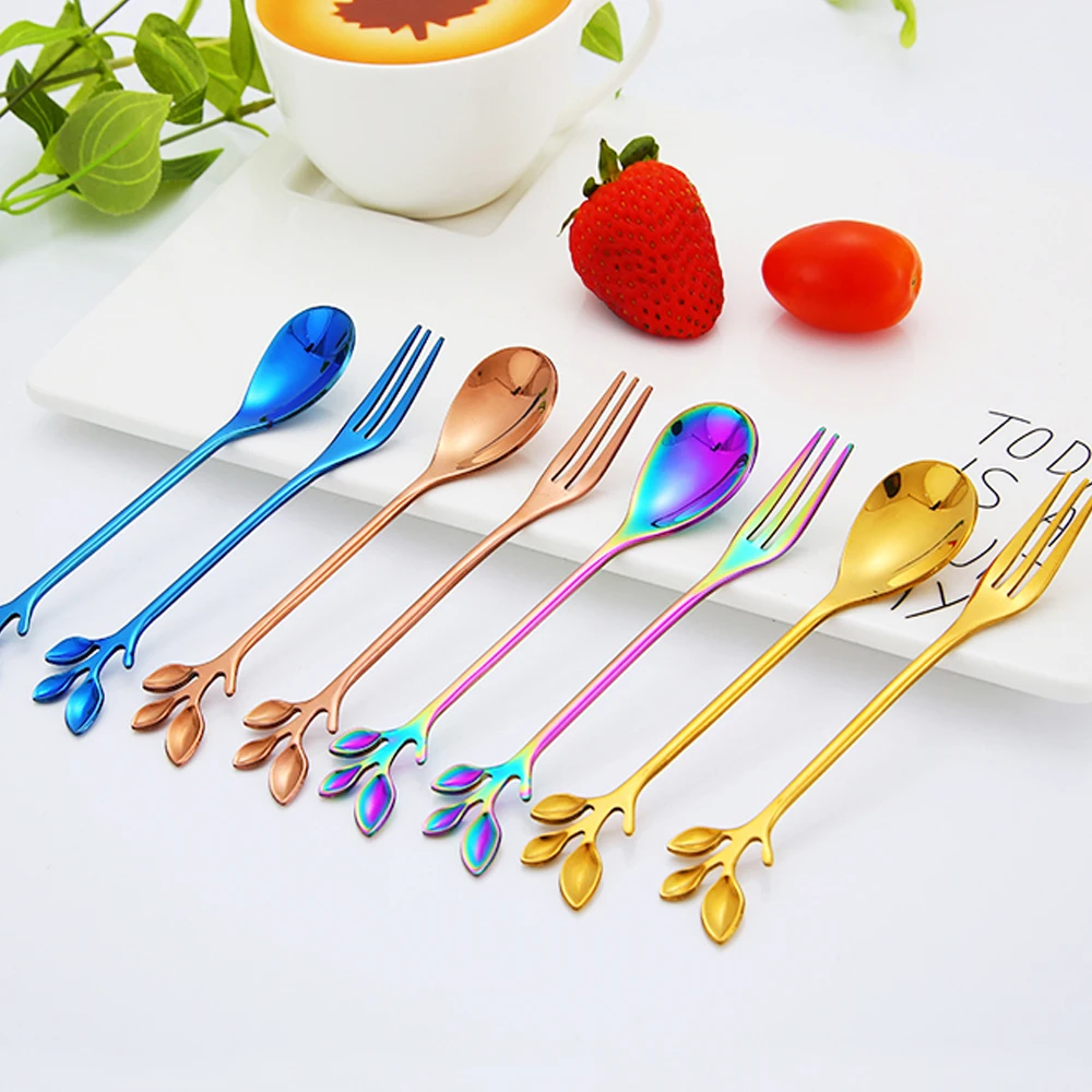 

1PC Small Branches Mini Leaf Coffee Spoon Stainless Steel Upscale Dinnerware Cutlery Fruit Fork Stir Teaspoon Dinner Utensils